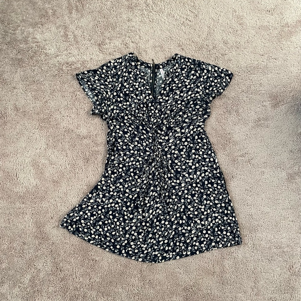 Floral Mini Flared Dress with Lace Up Front